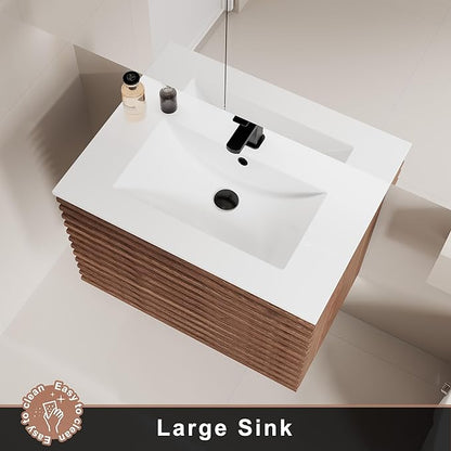 LUCKWIND 30" Floating Bathroom Vanity with Sink, Mid-Century Wall Mounted Big Drawer Cabinet with Large Sink, Water Saving Faucet and Wood Stripes Style, Walnut