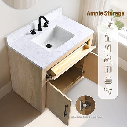 HOMEBEYOND 36 Inch Bathroom Vanity with Single Sink & Ceramic Top, MDF Material Vanity Cabinet with Basin Combo, Soft-Closing Doors, Removable Shelf, Backsplash