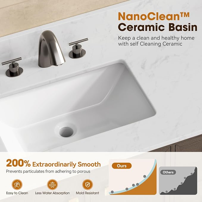 60 Inch Double Sink Bathroom Vanity, Dark Walnut | Fully Assembled Bathroom Sink Cabinet, Marble Countertop & Backsplash, Soft Closing 4 Doors & 3 Drawers, Adjustable Shelves