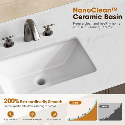 60 Inch Double Sink Bathroom Vanity, Dark Walnut | Fully Assembled Bathroom Sink Cabinet, Marble Countertop & Backsplash, Soft Closing 4 Doors & 3 Drawers, Adjustable Shelves