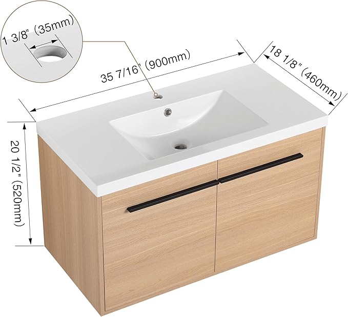 Henf 36 inch Bathroom Vanity with Sink, Wall Mounted Solid Wood Bathroom Vanities with White Integrated Sink and Storage Cabinet,Floating Modern 2 Doors Bathroom Cabinet Set with Black Handle,Oak