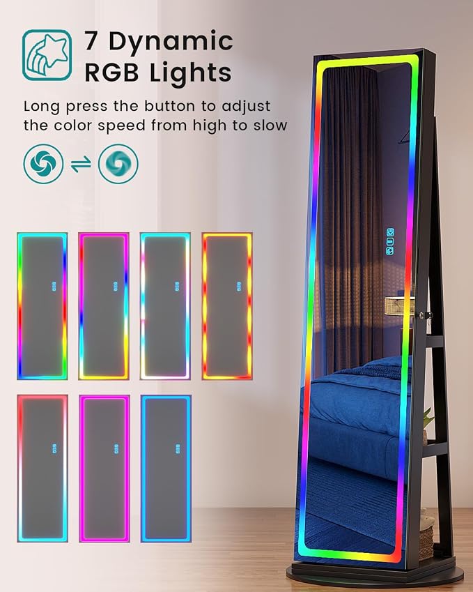 Vlskra Mirror Jewelry Cabinet Standing with Full Length LED Mirror, Black | Lockable Jewelry Armoire with 14 RGB Color Modes, Rotating Jewelry Organizer with Dustproof Lock, Gift Idea for Women, Girls