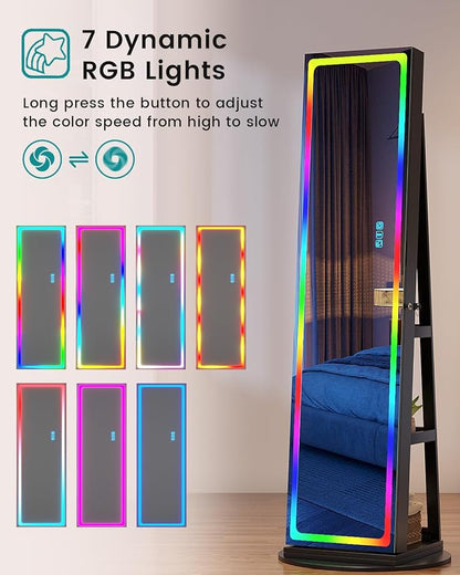 Vlskra Mirror Jewelry Cabinet Standing with Full Length LED Mirror, Black | Lockable Jewelry Armoire with 14 RGB Color Modes, Rotating Jewelry Organizer with Dustproof Lock, Gift Idea for Women, Girls