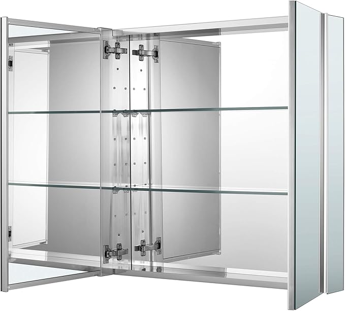 Sunrosa Aluminum Bathroom Medicine Cabinet with Mirror Door, 30"×27.5" Bathroom Mirror Cabinet, Wall-mountable and Recessed-in Mirror Cabinet, 2 Doors Medicine Cabinet Organizer II