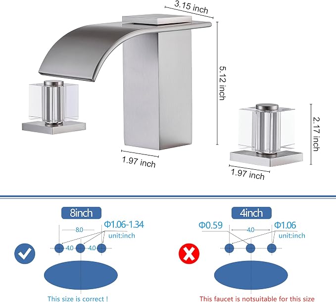 Brushed Nickel Waterfall Bathroom Faucet, 3 Hole Widespread Bathroom Sink Faucet with Crystal Handles, Modern 2 Handle Deck Mount Vanity Lavatory Faucet