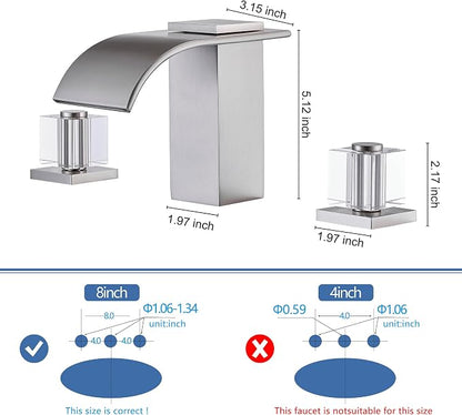 Brushed Nickel Waterfall Bathroom Faucet, 3 Hole Widespread Bathroom Sink Faucet with Crystal Handles, Modern 2 Handle Deck Mount Vanity Lavatory Faucet