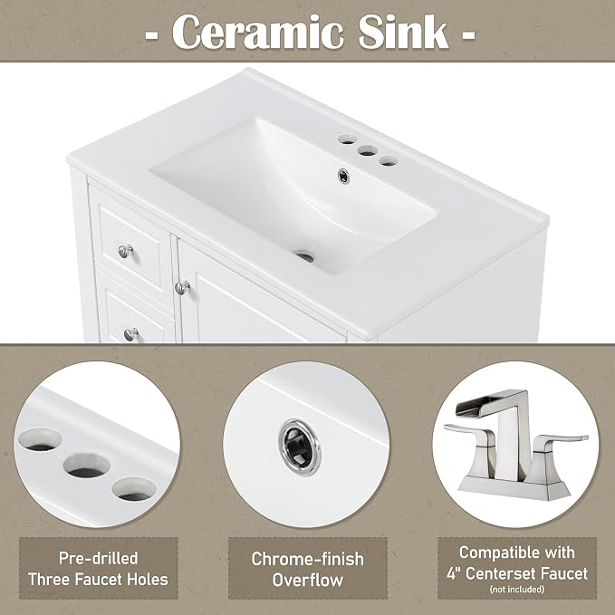 30" Vanity with Sink, Bathroom Vanities 30 Inch with Sink, Single Sink Bathroom Vanity with Shelf and Three Drawers, Soft Close Door, Restroom Vanity with Sink Top (White)