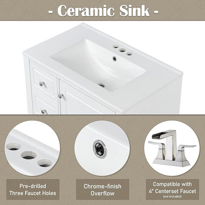 30" Vanity with Sink, Bathroom Vanities 30 Inch with Sink, Single Sink Bathroom Vanity with Shelf and Three Drawers, Soft Close Door, Restroom Vanity with Sink Top (White)