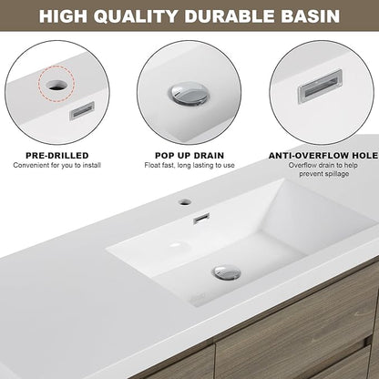 Wall Mounted 60 Inch Bathroom Vanity with Sink, Floating Vanity Bathroom, Single Sink Bathroom Vanity, 2 Drawers, 2 Soft Closing Doors, Resin Integrated Sink (Ash Grey)