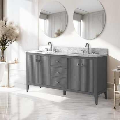 Vanity Art 60 inch Bathroom Vanity with Double Sink & Ceramic Top, Vanity Cabinet with Soft-Closing Door, Solid Wood Frame, Linear Pattern, Cashmere Gray, Golden Brushed Handware VA9160-DG-GB