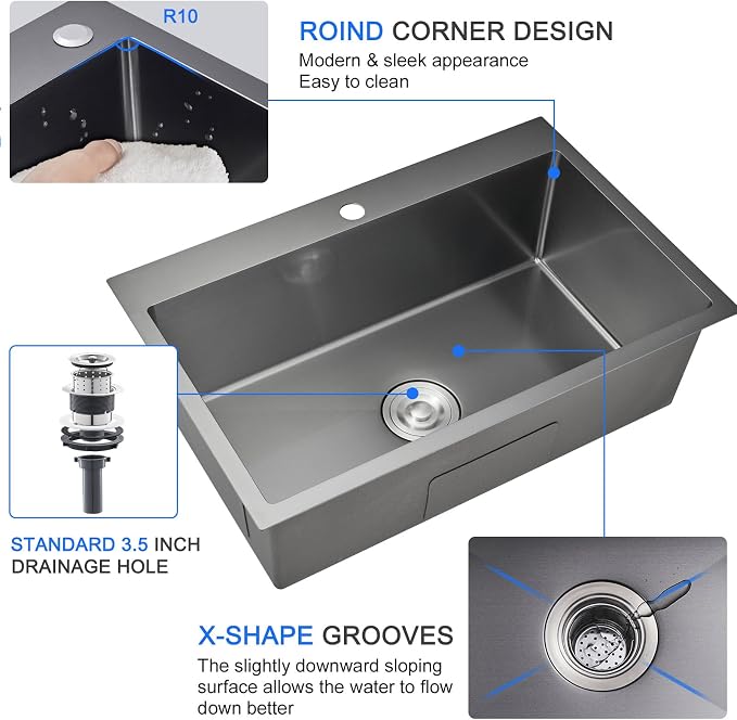 28"x18" Drop in Single Bowl Kitchen Sink SUS304 Black Steel 9" Deep | 28 inch Black Drop-in Sink | SUS304 SS | Topmount | 9" deep | Single bowl | Family Kitchen/Prep | Large Capacity