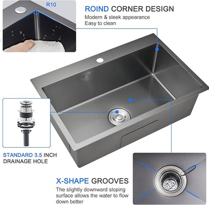 28"x18" Drop in Single Bowl Kitchen Sink SUS304 Black Steel 9" Deep | 28 inch Black Drop-in Sink | SUS304 SS | Topmount | 9" deep | Single bowl | Family Kitchen/Prep | Large Capacity