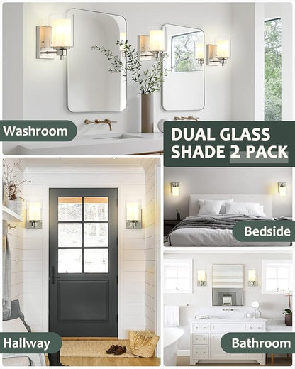 3 Pack Bath Vanity Light Fixtures 1-Light, Indoor Brushed Nickel Wall Light with Dual Glass Shade, Farmhouse Bathroom Wall Scone