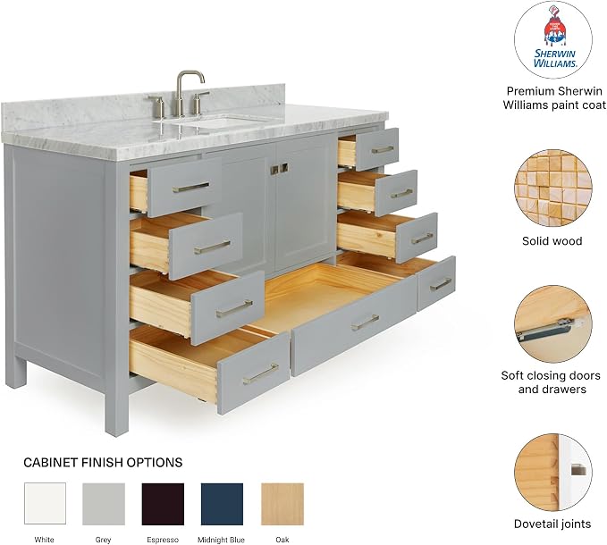 Beckford 60 Inch Bathroom Vanity Single Sink — Grey Bathroom Vanity with Sink, 1.5" Edge Italian Carrara Marble Countertop & Backsplash, 2 Soft-Close Doors, 9 Dovetail Drawers