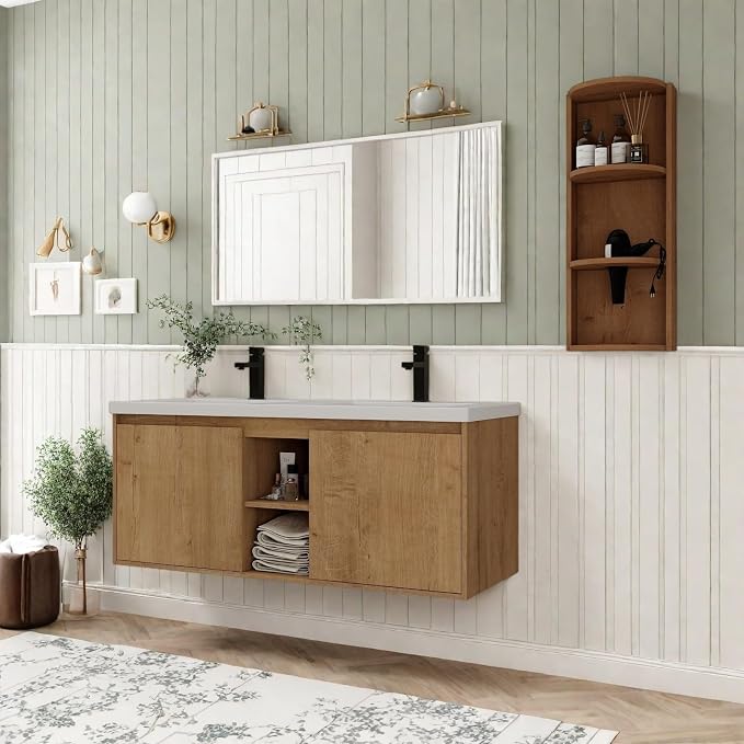 Floating Bathroom Vanity, 48" Bathroom Storage Cabinet with Double Resin Sinks, 2 Soft-Close Doors & 2 Open Storage Shelves, Wall-Mounted Vanity with Extra Three-Layer Spacious Shelves, Oak