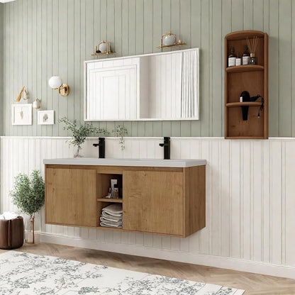 Floating Bathroom Vanity, 48" Bathroom Storage Cabinet with Double Resin Sinks, 2 Soft-Close Doors & 2 Open Storage Shelves, Wall-Mounted Vanity with Extra Three-Layer Spacious Shelves, Oak