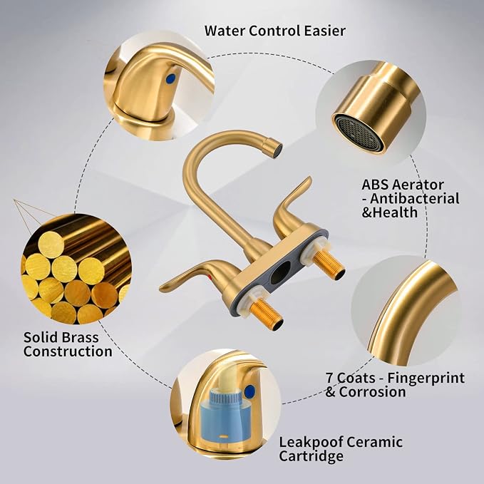 Bathroom Sink Faucet with Pop-up Drain Assembly, Brushed Gold Vanity Faucet 2-Handle for 4 Inch Sink，Modern Centerset Bathroom Faucet with Supply Hose Lead-Free