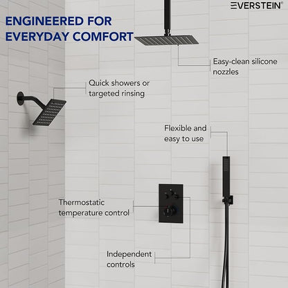 Ceiling Mount 12" High-Pressure Rainfall Shower Faucet, Dual Rainfall Shower Head System with Valve (Matte Black)