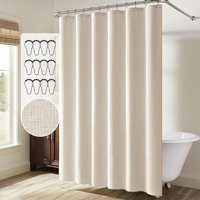 MIULEE Linen Fabric Shower Curtain Cream Beige W72*L72 12 Metal Hooks | Modern, Heavy Duty, Shower Curtain Set, Waterproof Neutral Thick Cloth Shower Curtains, Bathroom Bathtub, Washable