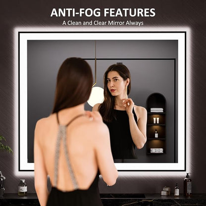 LOAAO 48"X40" LED Bathroom Mirror Black Framed | Anti-Fog, Dimmable, Memory Function, Tempered Glass, Lighted Vanity Mirror for Wall
