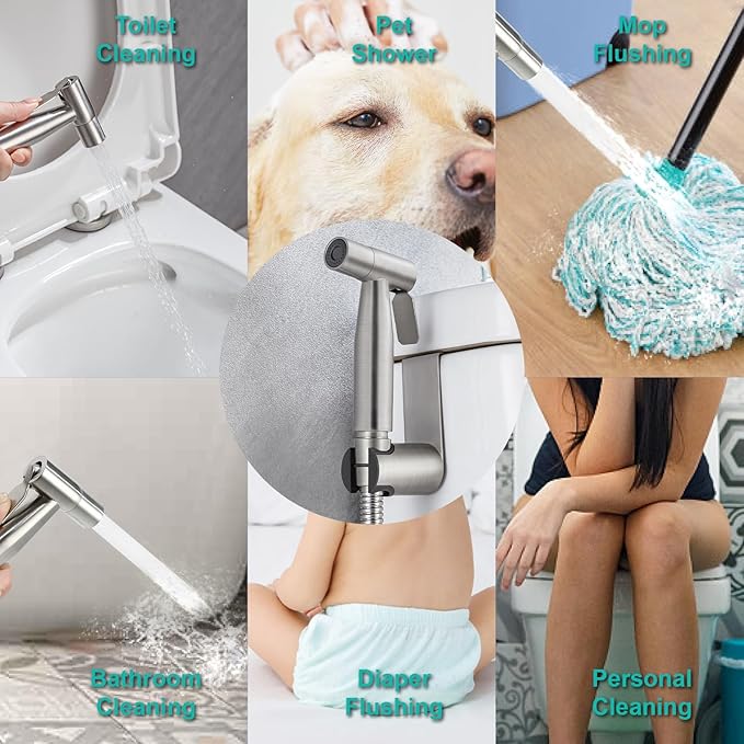 BARROCK Handheld Bidet Sprayer for Toilet, Stainless Steel Metal Made Baby Cloth Diaper Spraying Kit, Bathroom Toilet Bidet Attachment Set for Bathing Pets and Feminine Hygiene, Brushed Nickel