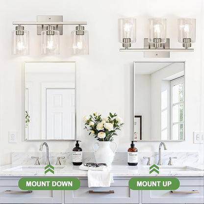 3-Light Bathroom Light Fixtures, Brushed Nickel Vanity Lights, Bathroom Lighting with Clear Glass Shade, Vanity Lighting fixtures for Mirror Kitchen Bedroom Hallway Living Room
