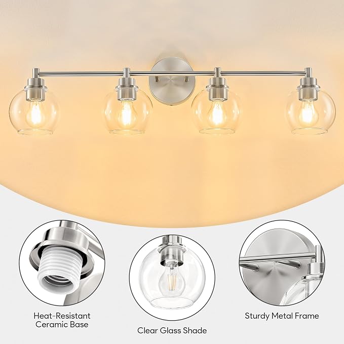 VONLUCE 4 Light Bathroom Vanity Light Fixtures, Brushed Nickel Finish | Globe Glass Shades, E26 Sockets, Easy to install, ETL Certificated, Vanity Lights for Bedroom Hallway Living Room
