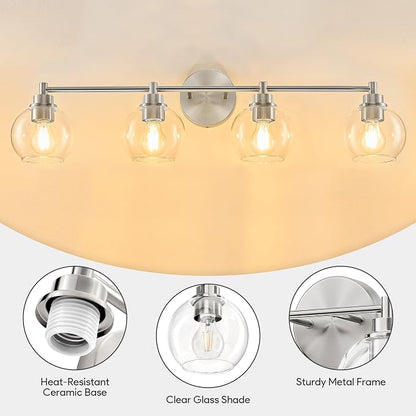 VONLUCE 4 Light Bathroom Vanity Light Fixtures, Brushed Nickel Finish | Globe Glass Shades, E26 Sockets, Easy to install, ETL Certificated, Vanity Lights for Bedroom Hallway Living Room