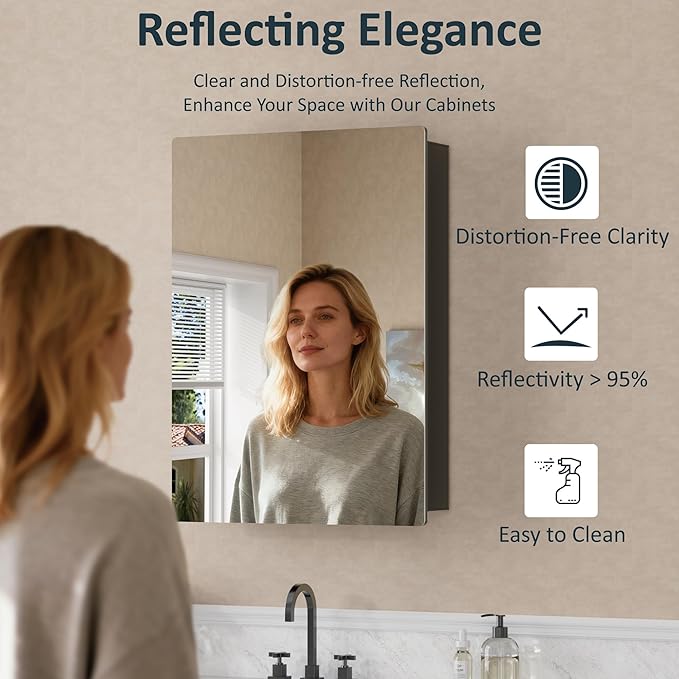 20x28 Inch Medicine Cabinet with Mirror, Recessed or Surface Mounted Bathroom Cabinets for Storage, 2 Fully Adjustable Tempered Glass Shelves, Soft-close DTC Hinges, HD Reflection Mirror Door, Black