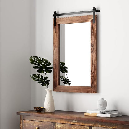 COGOOD Farmhouse Barn Door Mirror - 26 x 17 Brown | Rustic Wood Framed Vanity Mirror for Entryway, Living Room, Bedroom, Bathroom Wall Decor
