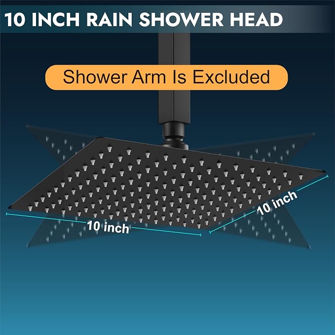 Midanya Square Rain Shower Head,High Pressure,Matte Black 10 Inch | 360°Swivel,Ceiling or Wall Mount,Waterfall Full Body Coverage,Bathroom Remodel,Stainless Steel Large Rainfall Shower Head