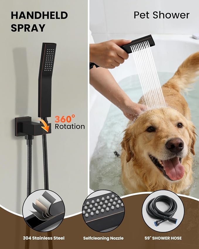 gotonovo Tub Shower Faucet Set with Valve 12'' Rain Head,Oil Rubbed Bronze | Waterfall Tub Spout Shower System,Bathtub Faucet Set,SUS304 Rain Head with Handheld,Brass Valve Trim Kit,All Metal,Wall Mount