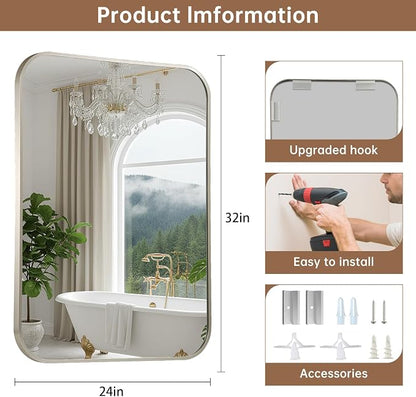 Brushed Nickel Mirror, 24"x32" Rectangle Bathroom Mirror, Metal Frame Rectangle Corner Vanity Mirror, Wall Mounted Mirror for Modern, Living Room, Bedroom, Horizontal Or Vertical