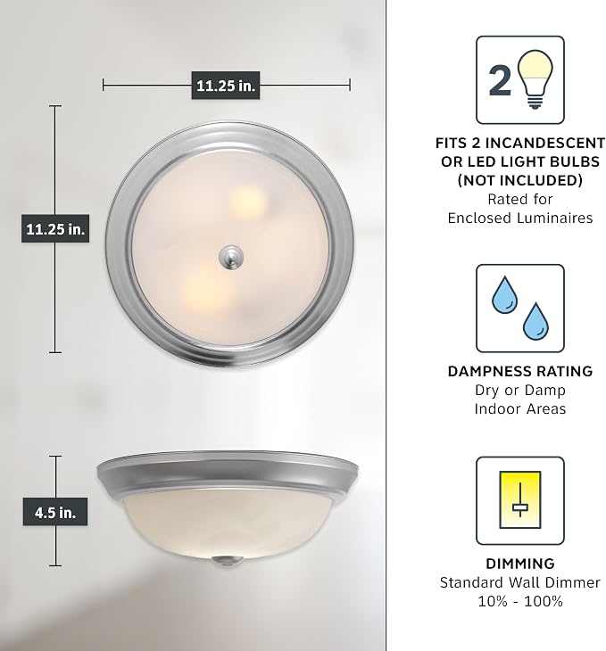 DESIGNERS FOUNTAIN Reedley 2-Lights Flush Mount Ceiling Light, 11 Inch Lighting Fixture for Kitchen, Bedroom, Bathroom, and Hallway, White Alabaster Glass, Pewter, 1257S-PW-AL