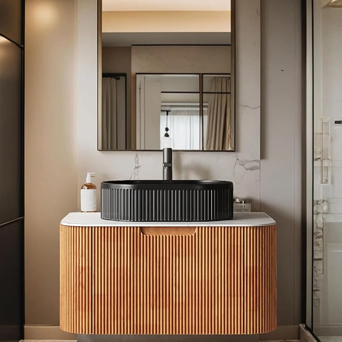 30 inch Floating Bathroom Vanity with Sink, Natural Solid Wood Modern Vanities with Ultra-Thin Ceramic Basin and Marble Top, Soft-Close Drawer, Pre-Assembled, Nature Wood with Black