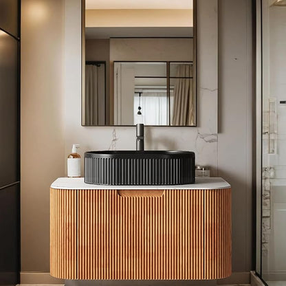 30 inch Floating Bathroom Vanity with Sink, Natural Solid Wood Modern Vanities with Ultra-Thin Ceramic Basin and Marble Top, Soft-Close Drawer, Pre-Assembled, Nature Wood with Black