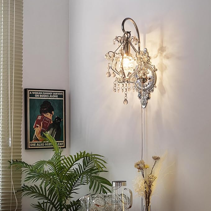Silver Crystal Vintage Indoor Plug in Cord Wall Sconces Light Set of 2 | Modern Wall Mounted Lamp Light Fixture for Bedroom Living Room Bathroom Vanity Light Hallway Light Fixture Decor LED E12
