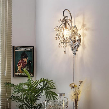 Silver Crystal Vintage Indoor Plug in Cord Wall Sconces Light Set of 2 | Modern Wall Mounted Lamp Light Fixture for Bedroom Living Room Bathroom Vanity Light Hallway Light Fixture Decor LED E12