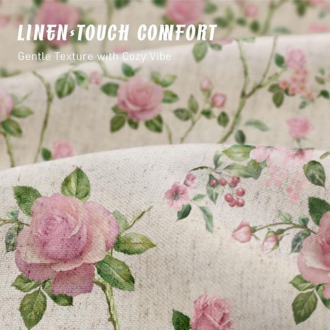 Pink and Sage Green Floral Linen Shower Curtain,Vintage Cottage core Shower Curtains for Bathroom,72Wx72H
