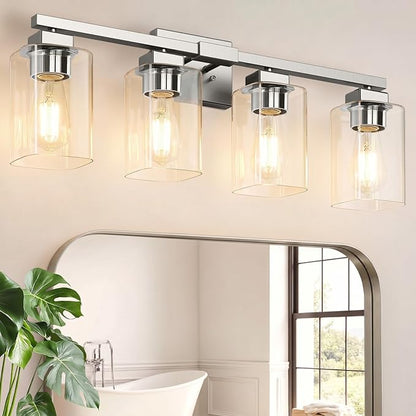 27” Bathroom Light Fixtures,4-Light Vanity Light Brushed Nickel | Square Clear Glass & Durable Metal, Quick & Easy Installation, Standard E26 Socket, Bright Bathroom Lighting