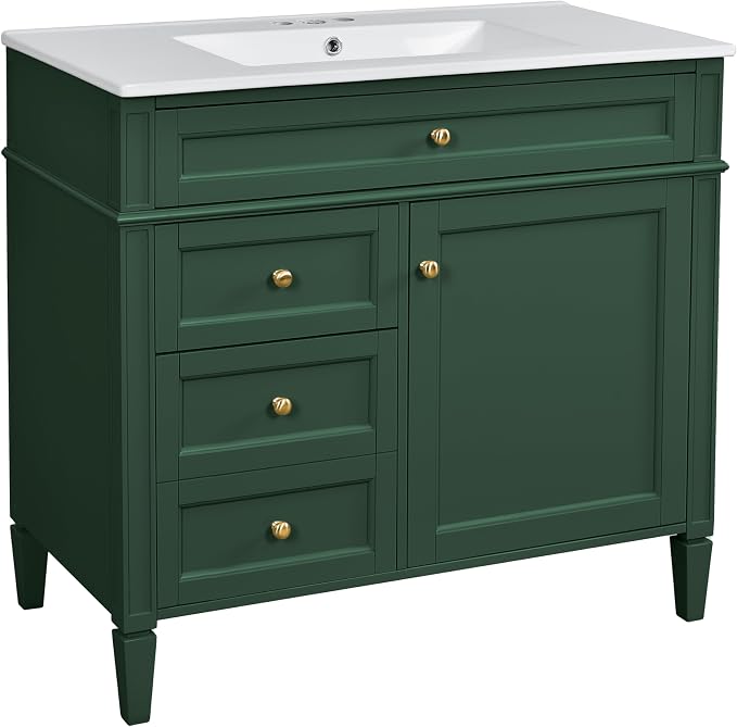 Merax 36 Inch Bathroom Vanity with Top Sink, Modern Bathroom Storage Cabinet with 2 Drawers and a Tip-Out Drawer, Solid Wood Frame Single Sink Bath Vanities, Green