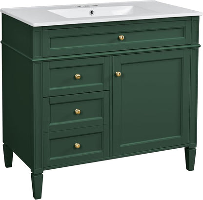 Merax 36 Inch Bathroom Vanity with Top Sink, Modern Bathroom Storage Cabinet with 2 Drawers and a Tip-Out Drawer, Solid Wood Frame Single Sink Bath Vanities, Green