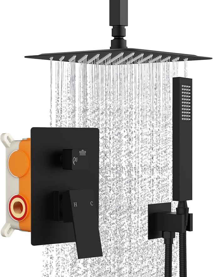 SunCleanse Rainfall Shower Faucet Set Matte Black Shower Combo Set for Bathroom with High Pressure 10 inch Shower Head with Handheld Shower Valves Shower Head and Handheld Ceiling Mounted