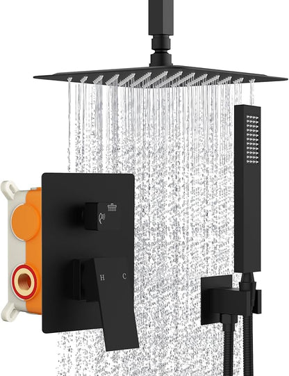 SunCleanse Rainfall Shower Faucet Set Matte Black Shower Combo Set for Bathroom with High Pressure 10 inch Shower Head with Handheld Shower Valves Shower Head and Handheld Ceiling Mounted