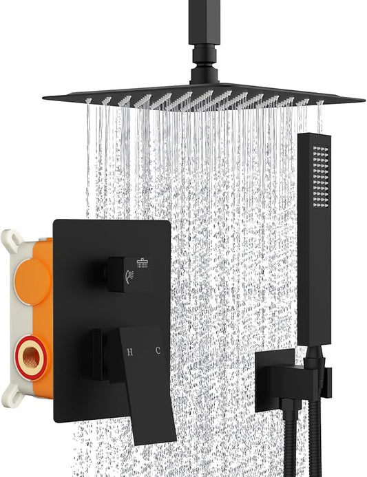 SunCleanse Rainfall Shower Faucet Set Matte Black Shower Combo Set for Bathroom with High Pressure 10 inch Shower Head with Handheld Shower Valves Shower Head and Handheld Ceiling Mounted