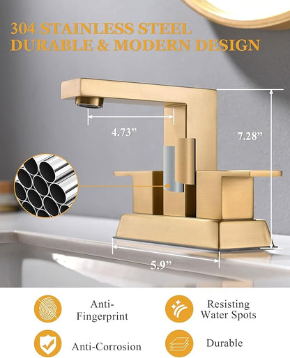 Tohlar Brushed Gold 2 Handle 4 Inch Centerset Bathroom Faucet with Pop Up Drain and 2 Lead-Free Hoses