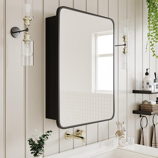 Vintage-Style Bathroom Wood Black Cabinet with 16.5''x24'' Black Metal Frame Curved Mirror, Recessed Medicine Cabinet, in Wall or Surface Mount Bathroom Storage Cabinet