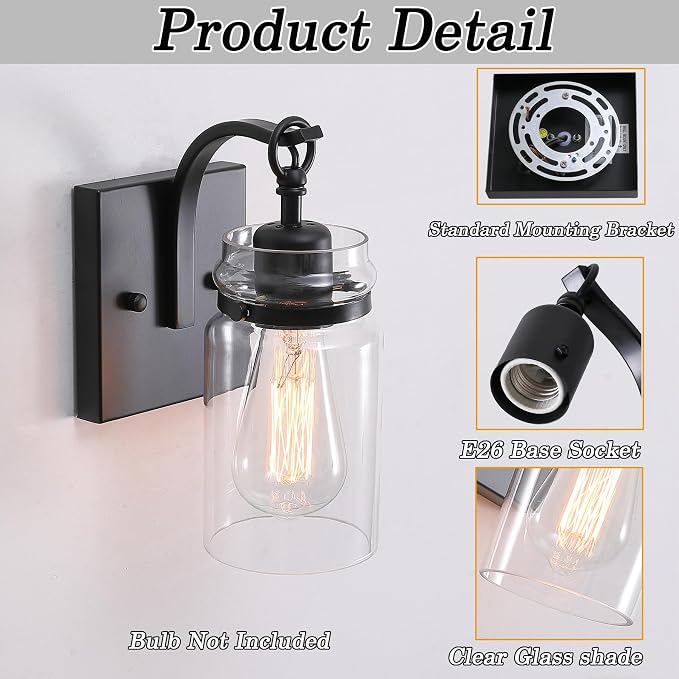 Black Wall Sconces Lighting Fixtures with Clear Glass Indoor 1-Light Bathroom Wall Sconce for Bathroom Hallway Stairwell