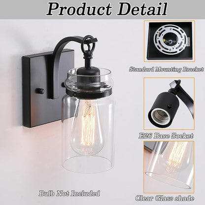 Black Wall Sconces Set of Two, Black Sconces Wall Lighting Fixtures with Clear Glass Indoor 1-Light Bathroom Wall Sconce for Bathroom Hallway Stairwell