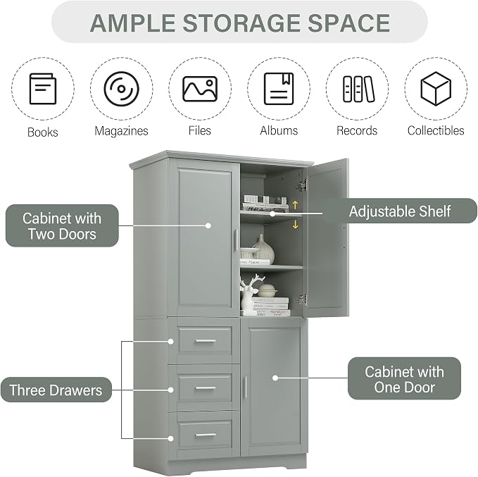 Merax 62.2" Pantry Cabinet with Three Doors & Three Drawers, Adjustable Shelves Storage Cupboard for Kitchen/Dining Room/Bathroom, Gray